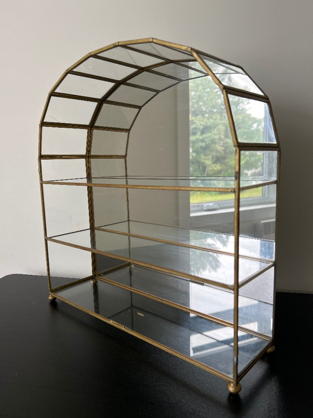 Vintage Style Hollywood Regency Arched Brass Glass Mini Curio Trinket Shelf